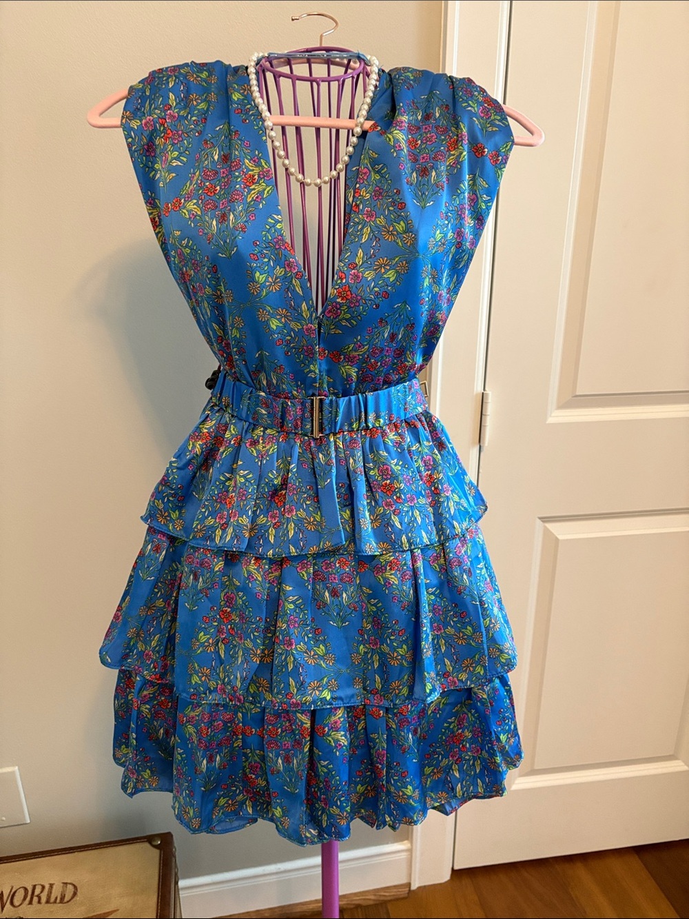 Karlie Blue Floral V-Neck Tiered Mini Dress NWOTS